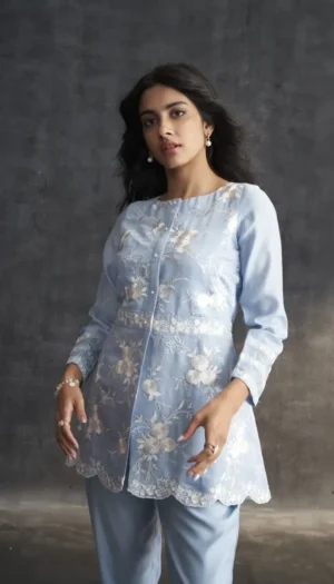 Mint Blue Muslin Parsi Gara Work Co-ord Set