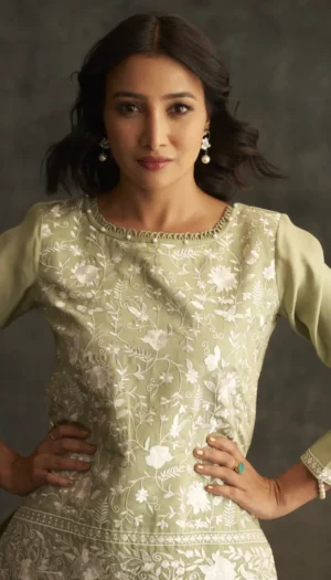 Sage Green Muslin Parsi Gara Work