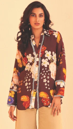 Digital Print Chanderi top with Lace Sleeves