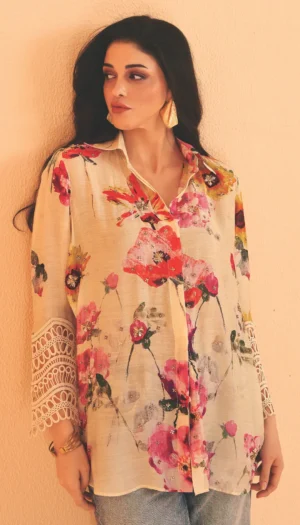 Floral Chanderi Shirt with Fancy Sleev