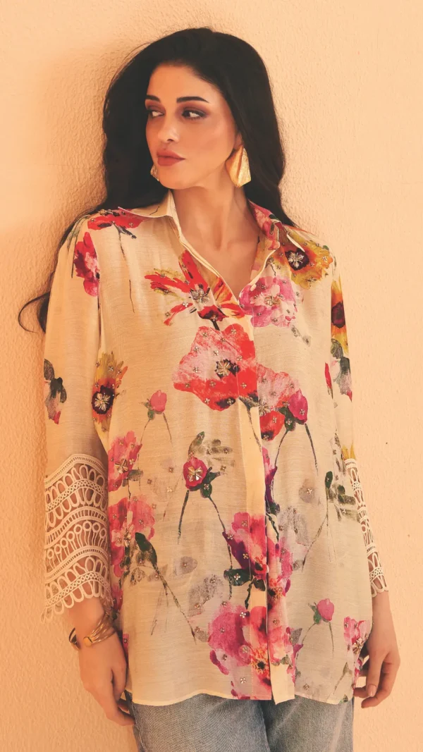 Floral Chanderi Shirt with Fancy Sleev