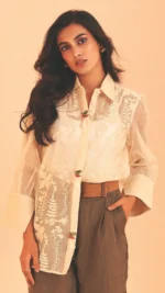 Chanderi Parsee Gara Shirt with Wooden Bird Embellished