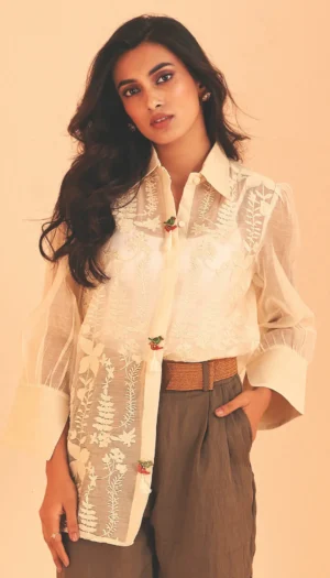 Chanderi Parsee Gara Shirt with Wooden Bird Embellished