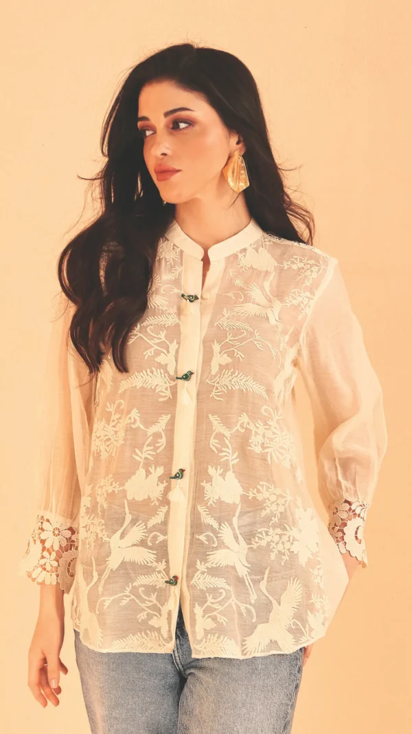 Chanderi Flamingo Embroidered Shirt