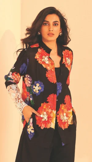 Embroidered Elegance Digital Print Shirt